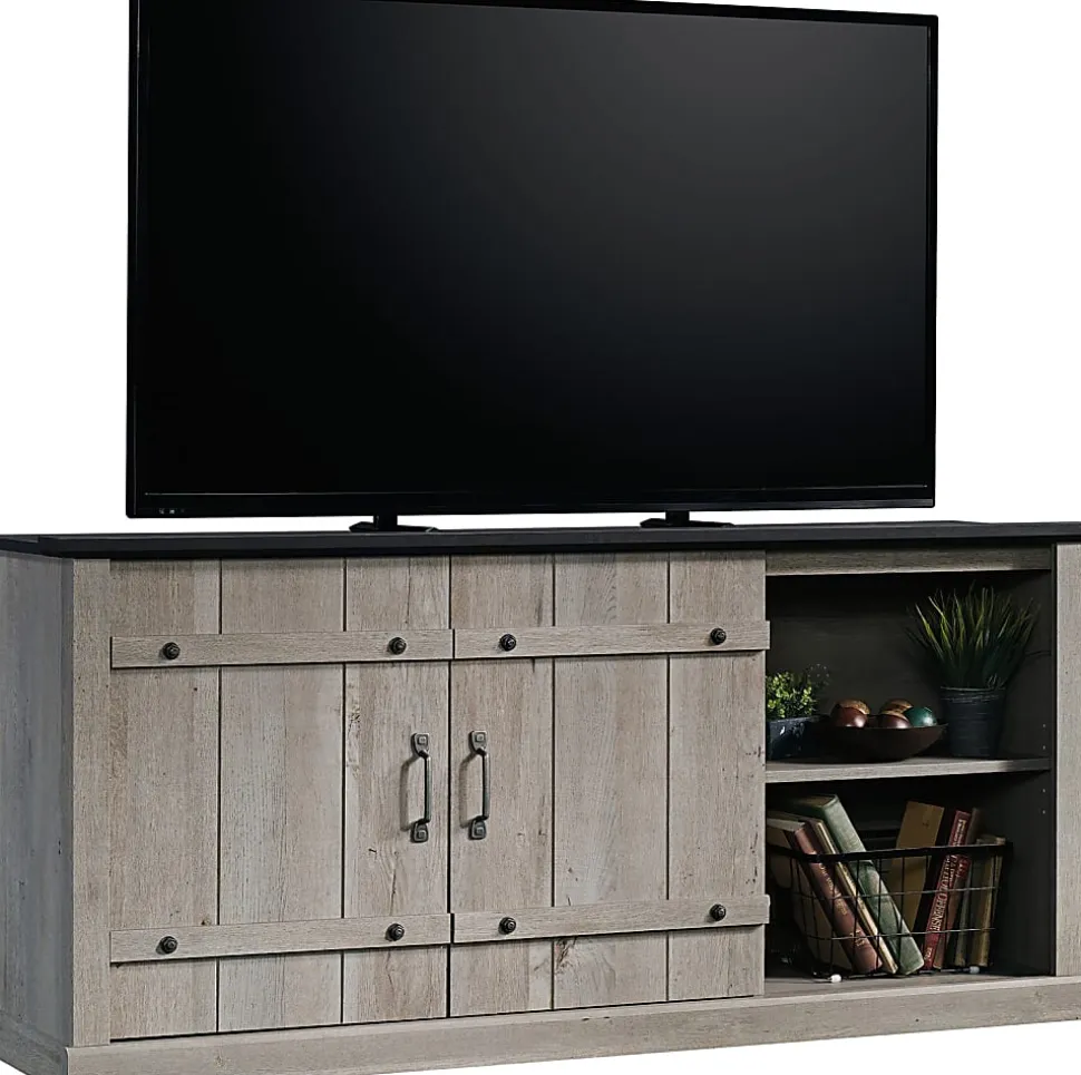 Sauder® Select Farmhouse Entertainment Credenza With Sliding Doors For 70" TVs, Mystic Oak/Raven Oak