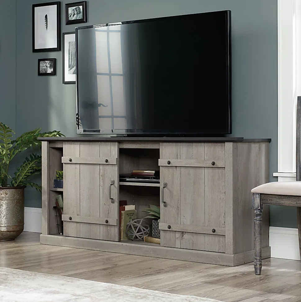 Sauder® Select Farmhouse Entertainment Credenza With Sliding Doors For 70" TVs, Mystic Oak/Raven Oak