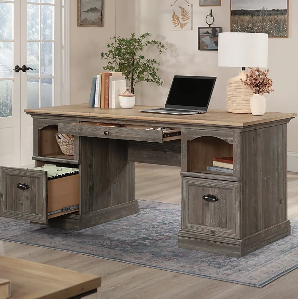 Sauder® Sonnet Springs 66"W Executive Double Pedestal Computer Desk, Pebble Pine®/Khaki Pine™