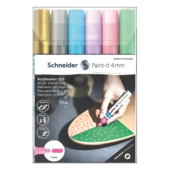 Schneider Paint-It 320 Acrylic Markers, 4 mm Bullet Tip, Assorted Ink Colors, Pack Of 6 Markers