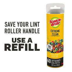 Scotch-Brite™ Extreme Clean Large Lint Roller Refill, 8 in., 1 Pack, 60 Adhesive Sheets Total, 50% Stickier, Heavy Duty for Removing Debris