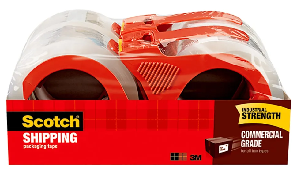 Scotch® Commercial Grade Shipping Packing Tape, 4 Tape Rolls with Dispensers, 1 7/8 in x 54.6 yd, 3" Core, Designed - 3750RD
