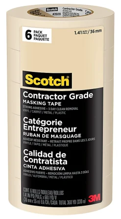 Scotch® Contractor Grade Masking Tape, Removable, 6 Tape Rolls, 1.41 in x 60.1 yd, 3