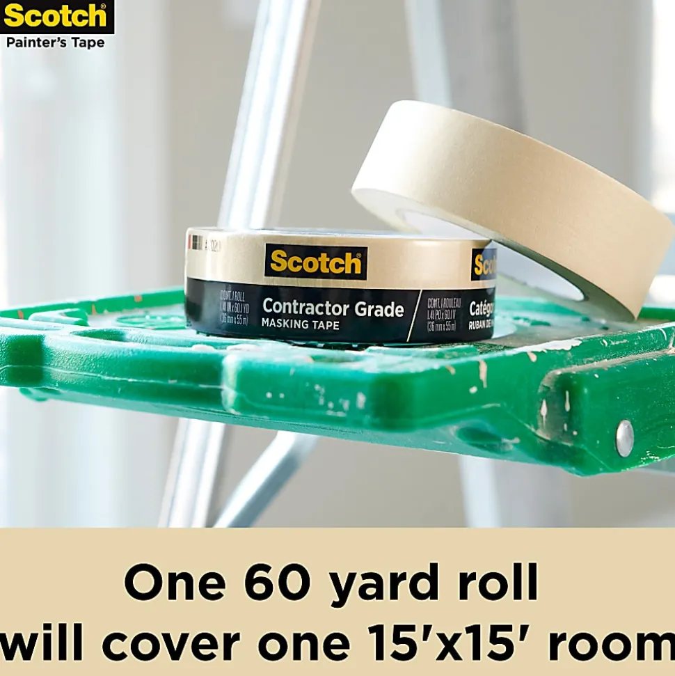 Scotch® Contractor Grade Masking Tape, Removable, 6 Tape Rolls, 1.41 in x 60.1 yd, 3" Core, White
