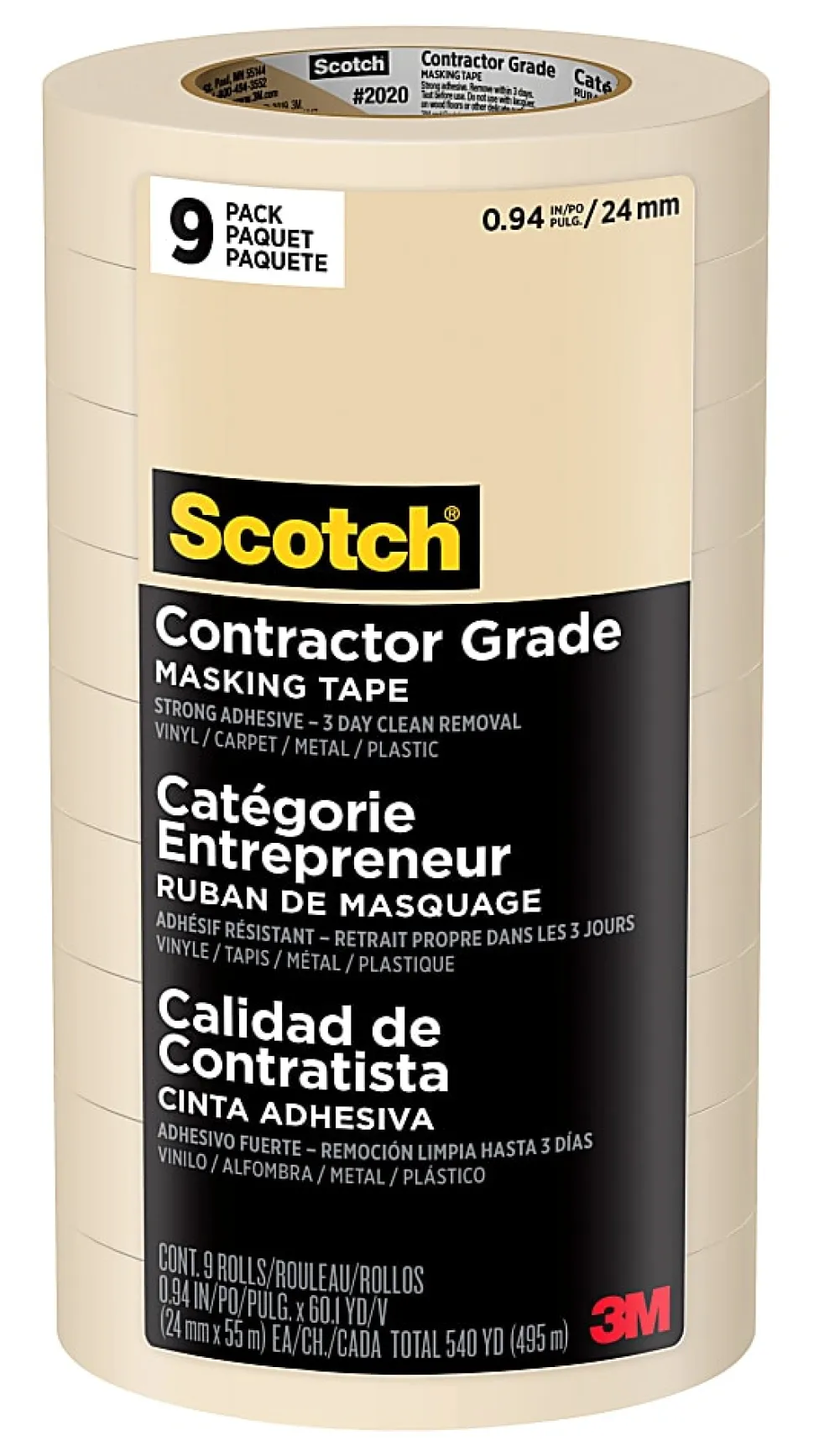 Scotch® Contractor Grade Masking Tape, Removable, 9 Tape Rolls, 0.94 in x 60.1 yd, 3" Core, White