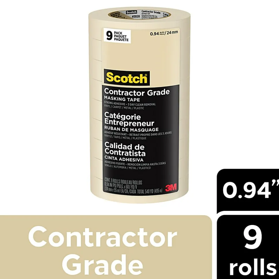 Scotch® Contractor Grade Masking Tape, Removable, 9 Tape Rolls, 0.94 in x 60.1 yd, 3" Core, White