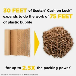 Scotch Cushion Lock Protective Wrap, 12 in x 1000 ft, 1 Roll, 100% Recycled Paper, Honeycomb Packing Paper, Alternative for Bubble Cushion Wrap, Brown