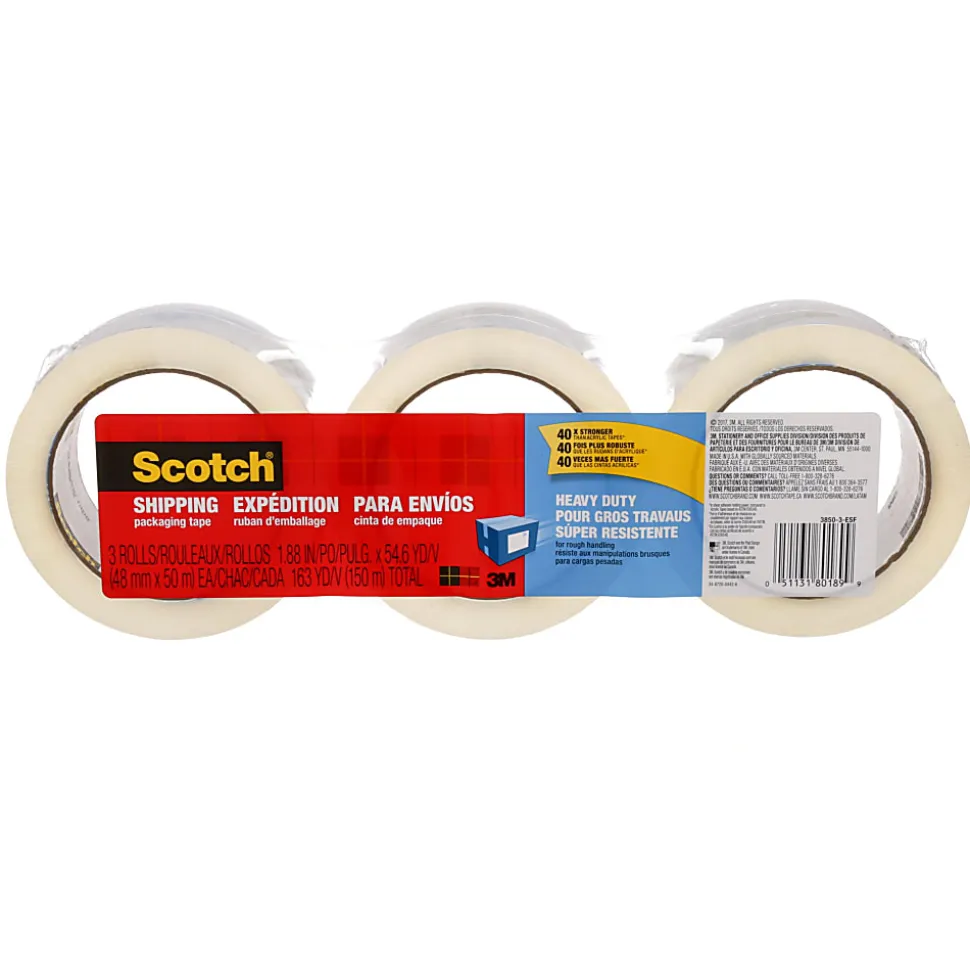 Scotch® Heavy-Duty Shipping Packing Tape, 1-7/8" x 54.6 Yd., Clear, Pack Of 3 Rolls