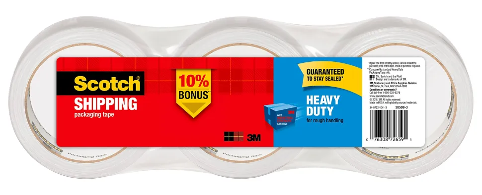 Scotch® Heavy-Duty Shipping Packing Tape, 1-7/8" x 54.6 Yd., Clear, Pack Of 3 Rolls