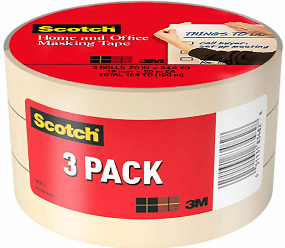 Scotch® Home and Office Masking Tape, 3 Tape Rolls, 3/4 in x 60 yd, 3" Core, Tan