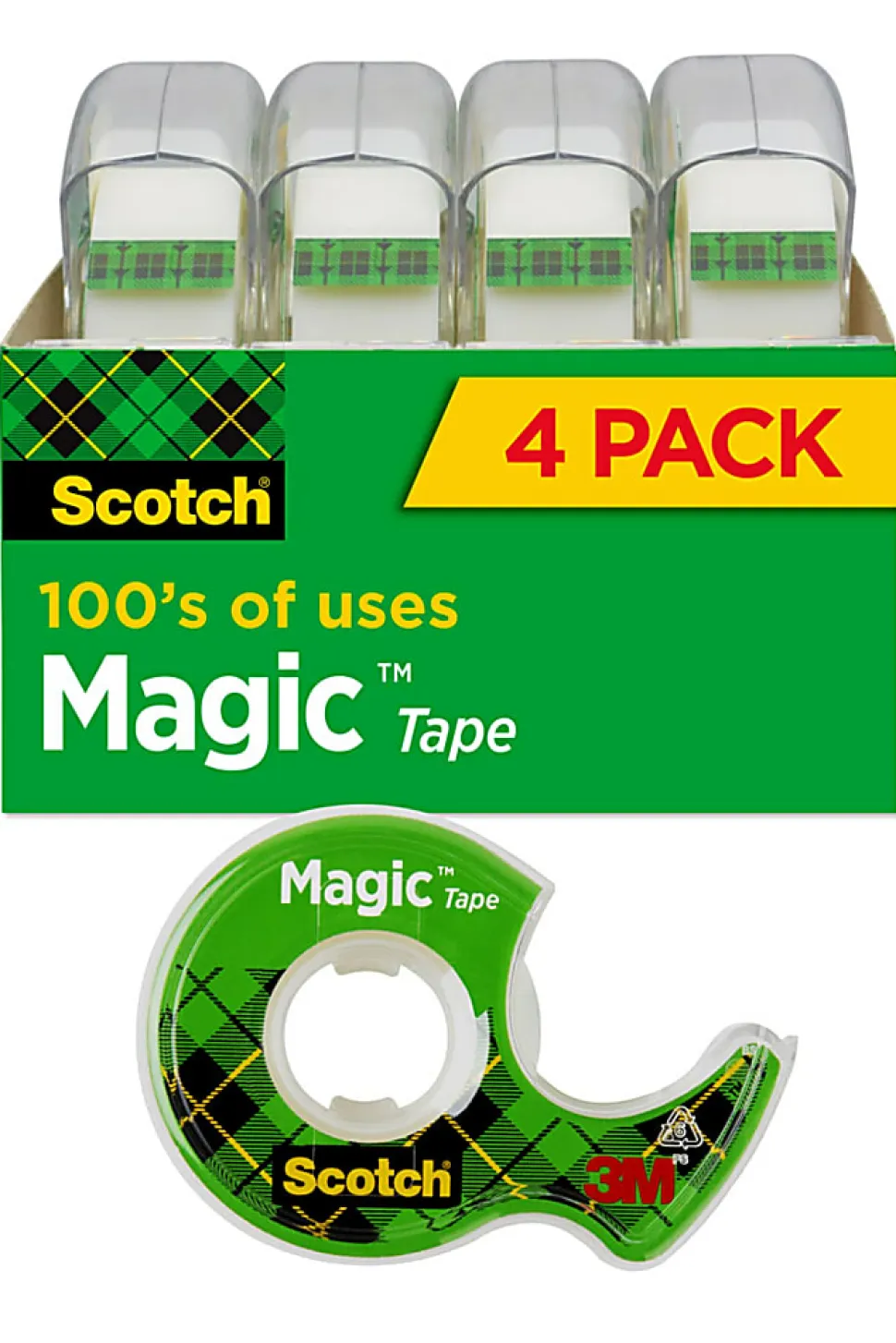 Scotch® Magic™ Tape with Dispenser, Invisible, 3/4 in. x 300 in., 4 Tape Rolls, Back to School Supplies and College Essentials for Students