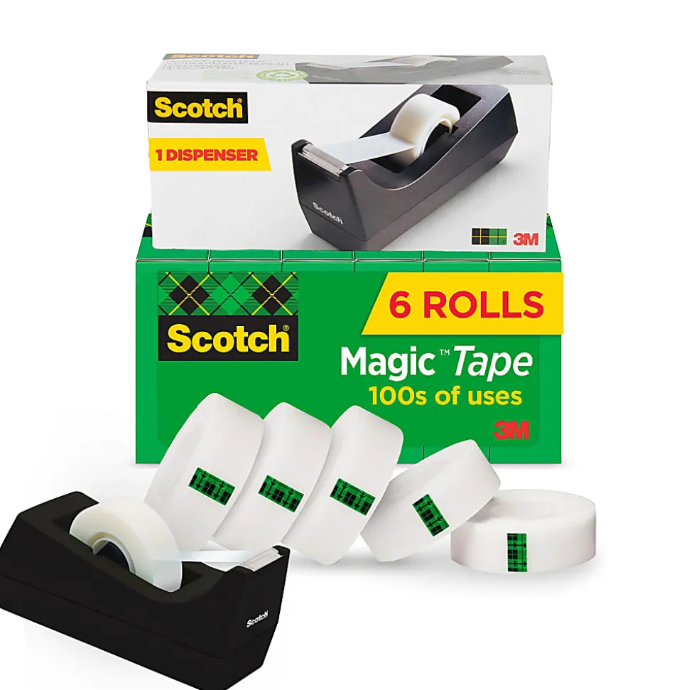 Scotch® Magic™ Tape with Dispenser, Invisible, 3/4 in. x 1000 in., 6 Tape Rolls, Clear, Back to School Supplies and College Essentials for Students