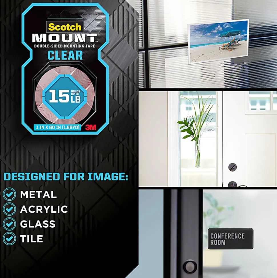 Scotch-Mount™ Clear Double-Sided Mounting Tape , 1 in x 60 in (2.54 cm x 1.52 m), 3 Pack