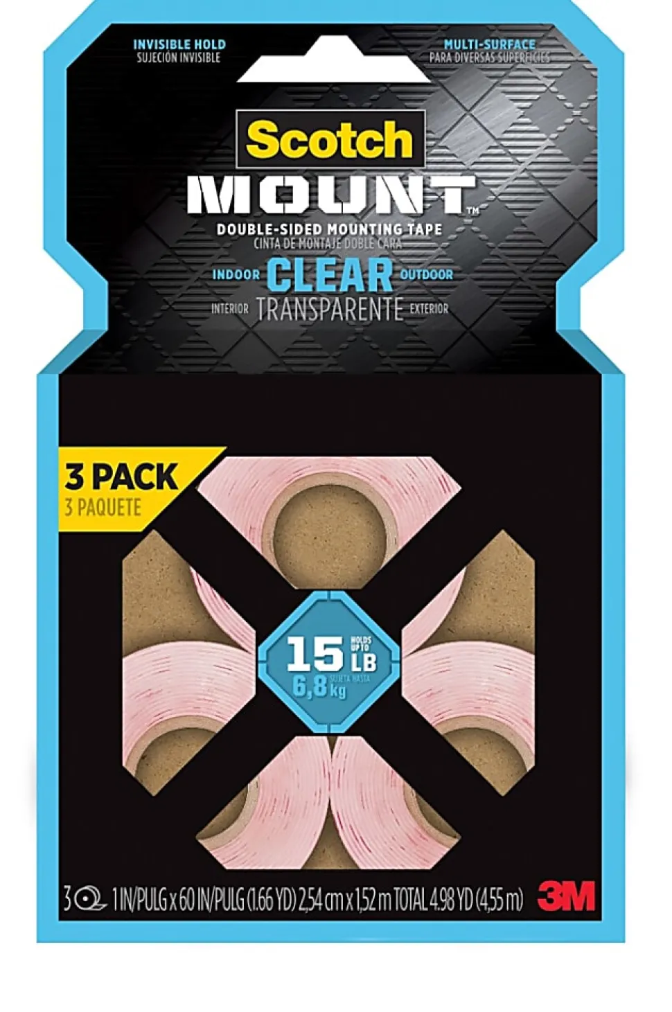 Scotch-Mount™ Clear Double-Sided Mounting Tape , 1 in x 60 in (2.54 cm x 1.52 m), 3 Pack