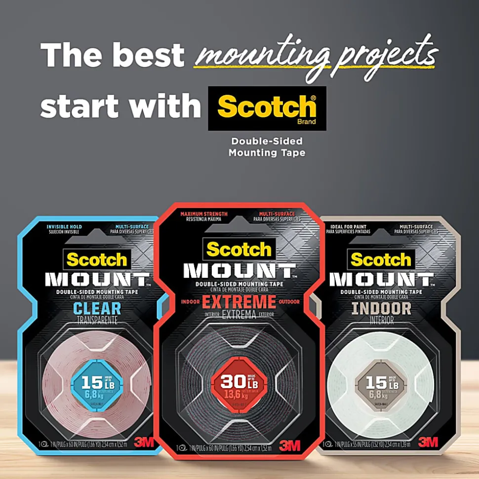 Scotch-Mount™ Clear Double-Sided Mounting Tape , 1 in x 60 in (2.54 cm x 1.52 m), 3 Pack
