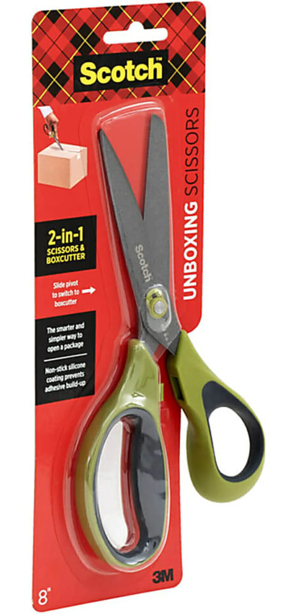 Scotch Non-Stick Unboxing Scissors, 8", Pointed, Green
