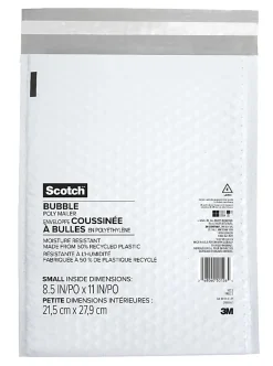 Scotch Poly Bubble Mailer , White, Small, Size 2, Inside Dimensions 8.5 IN x 11 IN, made with 50% recycled plastic