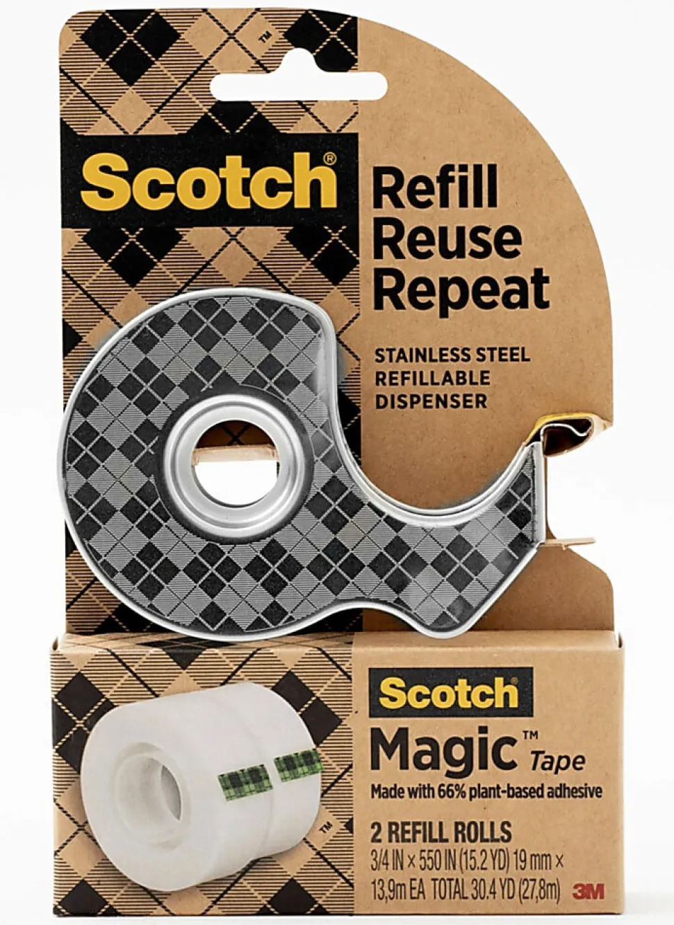 Scotch® Stainless Steel Dispenser Starter Pack with Magic™ Tape , 0.75 in x 550 in, 2 Roll/Pack