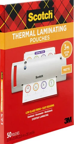 Scotch® Thermal Laminating Pouches, 8-15/16" x 11-7/16", Matte, Clear, 50 Laminating Pouches