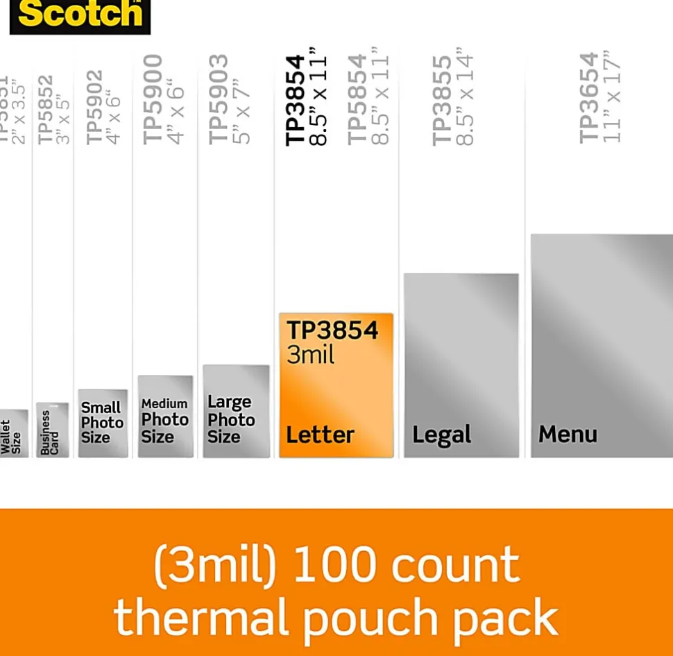 Scotch® Thermal Laminating Pouches, 8.9" x 11.4", 100 Laminating Sheets, 3 mil., Fits Letter Size, 100/Pack