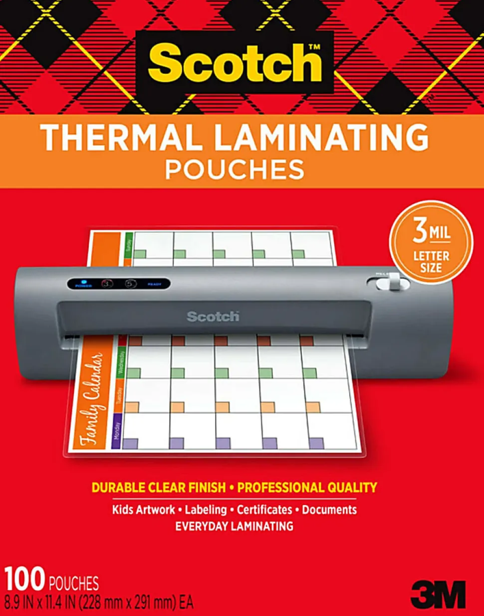 Scotch® Thermal Laminating Pouches, 8.9" x 11.4", 100 Laminating Sheets, 3 mil., Fits Letter Size, 100/Pack