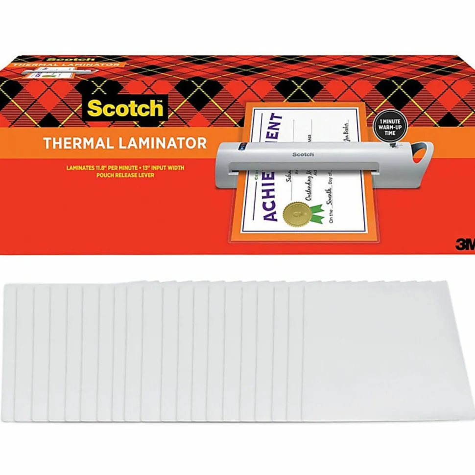 Scotch® Thermal Laminator Combo Pack, 1 White Thermal Laminator 13" Wide, 20 Laminating Sheets, Fits Letter Size