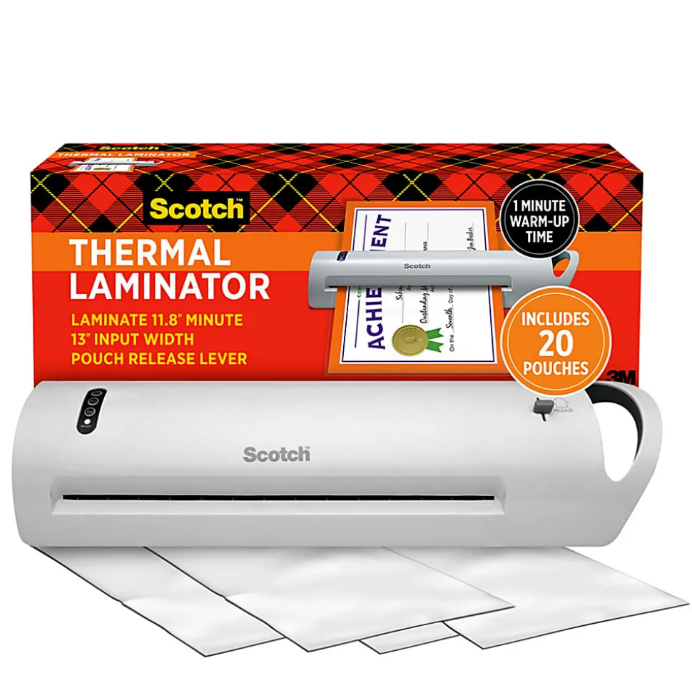 Scotch® Thermal Laminator Combo Pack, 1 White Thermal Laminator 13" Wide, 20 Laminating Sheets, Fits Letter Size