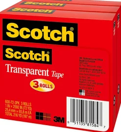 Scotch® Transparent Tape, 1 in x 2592 in, 3 Tape Rolls, Clear, School Supplies and College Essentials for Students and Teachers