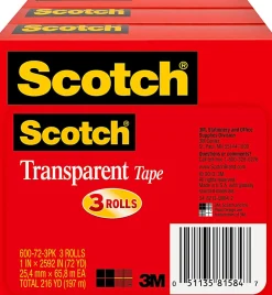 Scotch® Transparent Tape, 1 in x 2592 in, 3 Tape Rolls, Clear, School Supplies and College Essentials for Students and Teachers