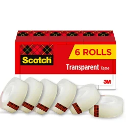 Scotch® Transparent Tape, 3/4 in. x 1296 in., 6 Tape Rolls, Clear, Back to School Supplies and College Essentials for Students and Teachers