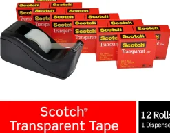 Scotch® Transparent Tape with Dispenser, 3/4 in. x 1000 in., 12 Tape Rolls, 1 Tape Dispenser, Back to School Supplies and College Essentials