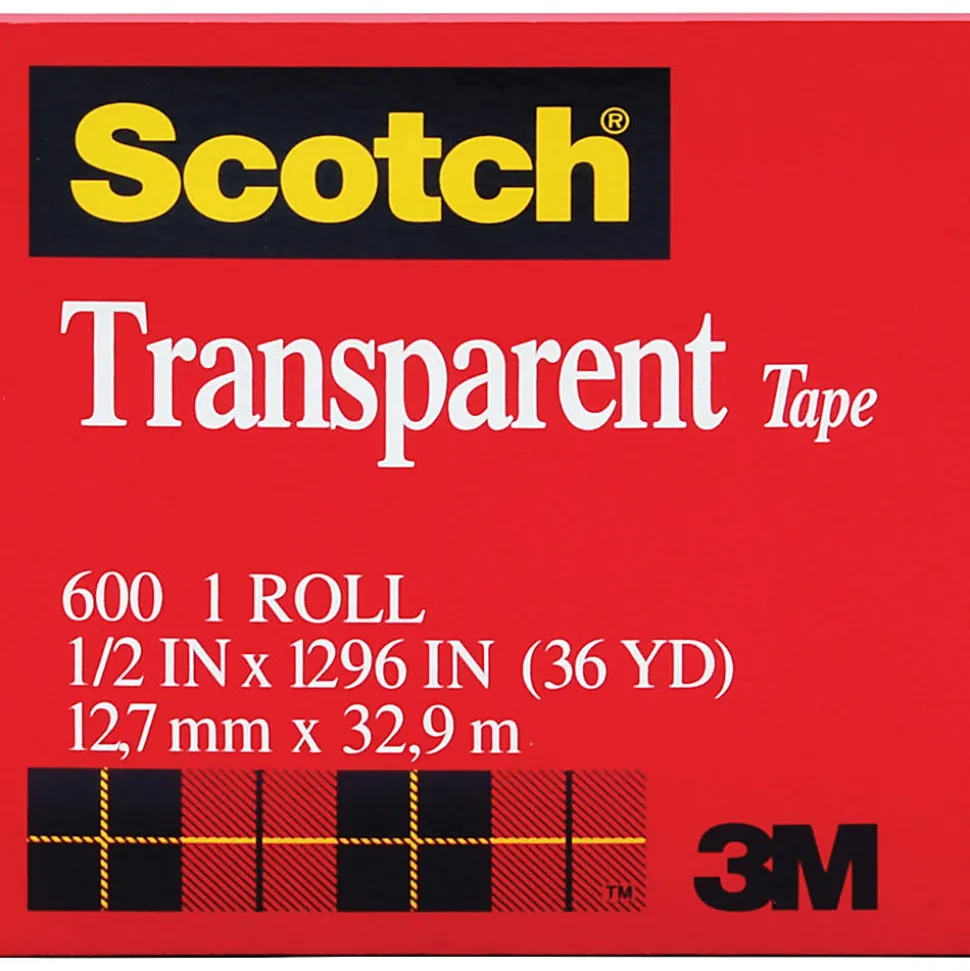 Scotch Transparent Tape, 1/2"W, 36 yd, 1" Core, Clear, 12 Pack - 600121296PK