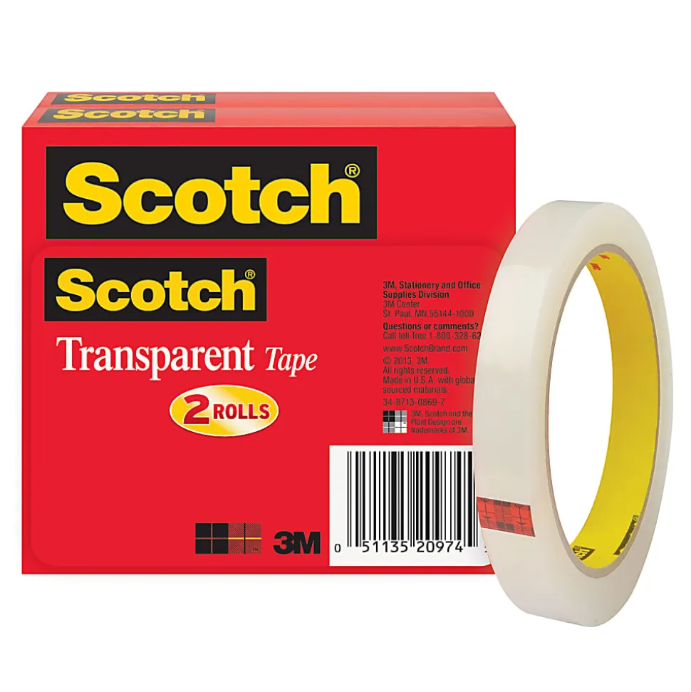 Scotch® Transparent Tape, 1/2" x 2592", Clear, Pack of 2 rolls