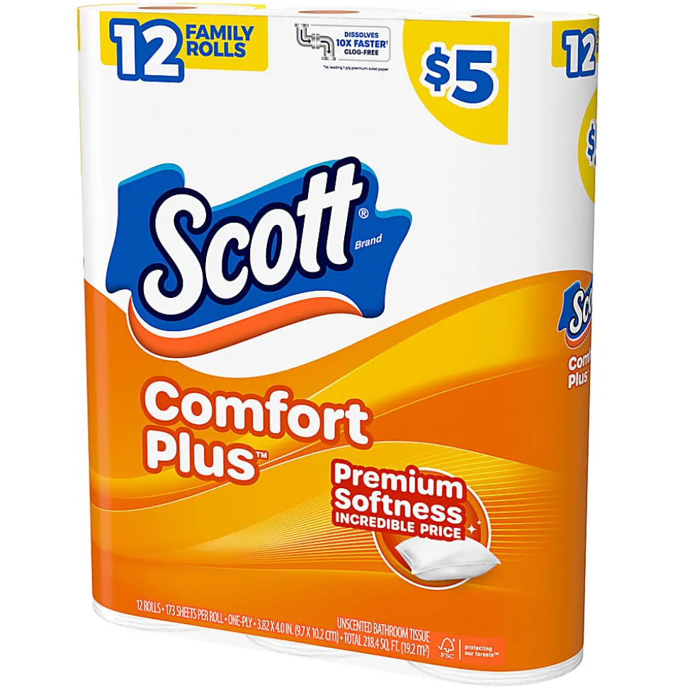 Scott ComfortPlus 1-Ply Toilet Paper, 1-1/8" x 1-1/8", 173 Sheets Per Roll, Pack Of 12 Rolls