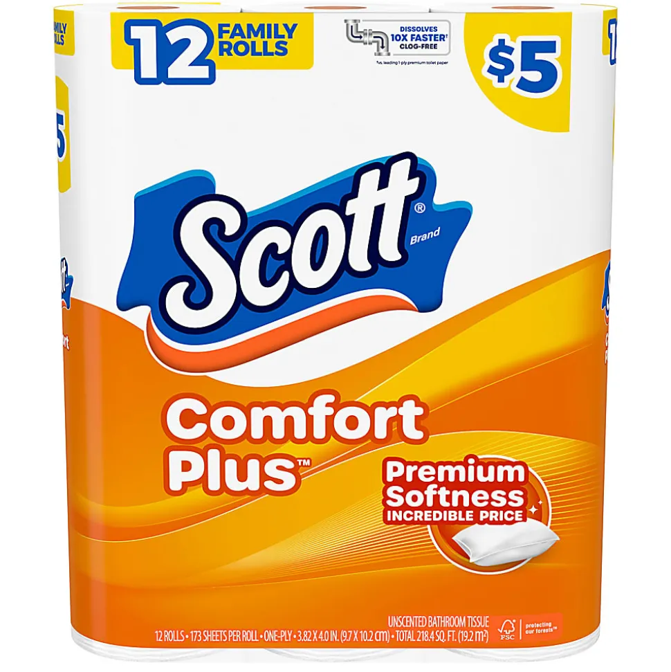 Scott ComfortPlus 1-Ply Toilet Paper, 1-1/8" x 1-1/8", 173 Sheets Per Roll, Pack Of 12 Rolls