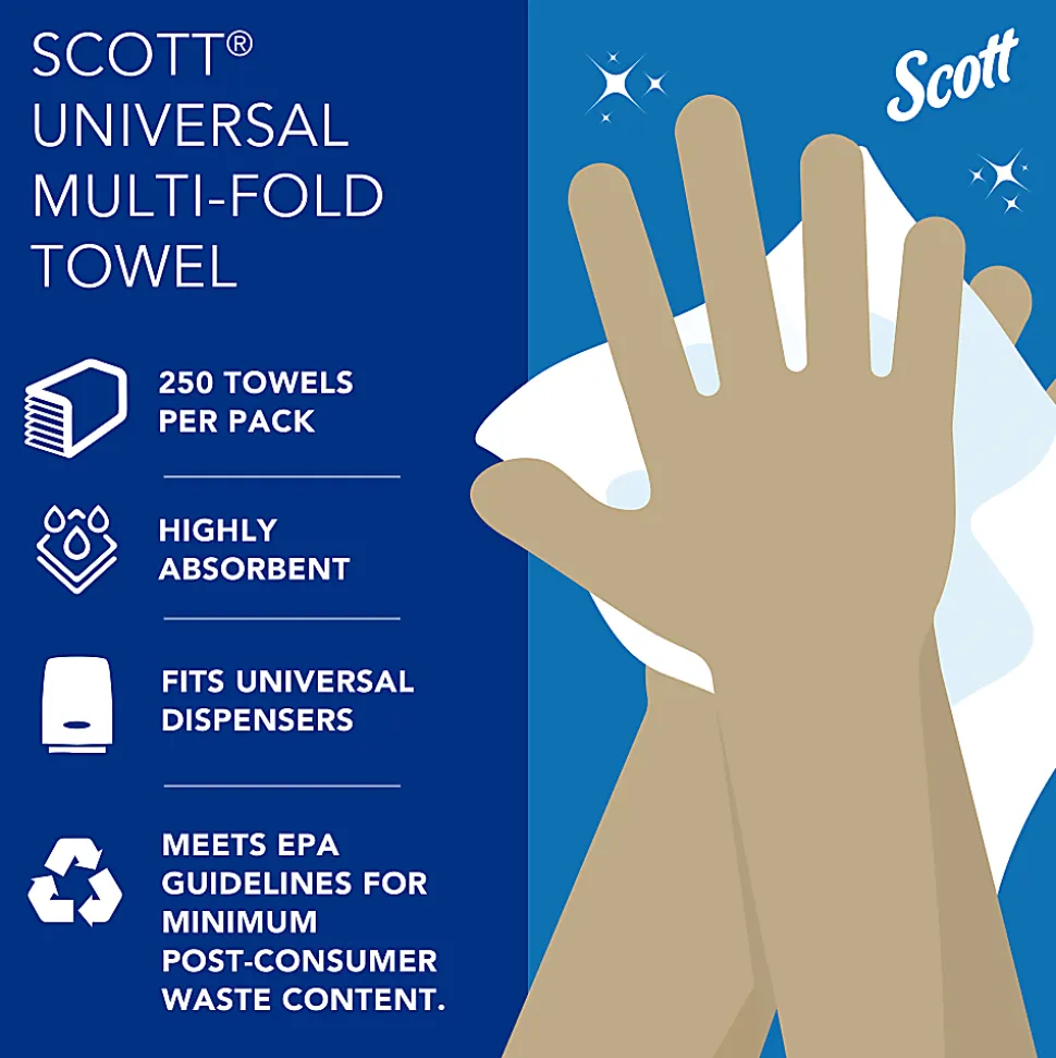 Scott® Multifold Paper Towels, Absorbency Pockets™, 9.2" x 9.4" sheets, White, 250 Sheets Per Pack, 16 Packs Per Case, 4,000 Sheets Per Case