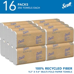 Scott® 100% Recycled Fiber Multifold Paper Towels, 9.2" x 9.4", White, 250 Towels Per Pack, Carton Of 16 Packs