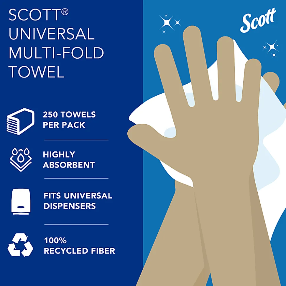 Scott® 100% Recycled Fiber Multifold Paper Towels, 9.2" x 9.4", White, 250 Towels Per Pack, Carton Of 16 Packs