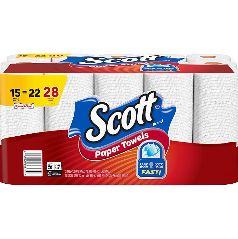 Scott® Select-A-Size® Mega 1-Ply Paper Towels, 102 Sheets Per Roll, Pack Of 15 Rolls