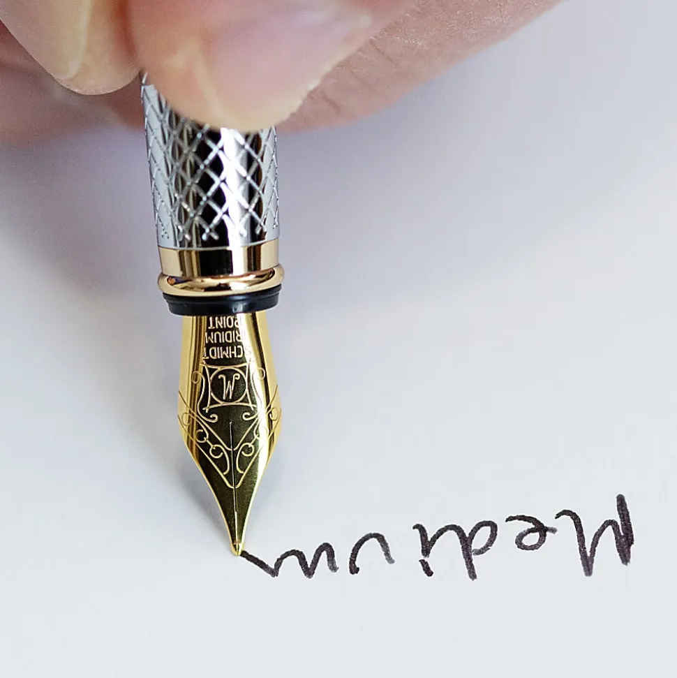 Scriveiner Classic Fountain Pen, Medium Point, 0.7 mm, Silver Chrome/Gold Barrel, Black/Blue Ink