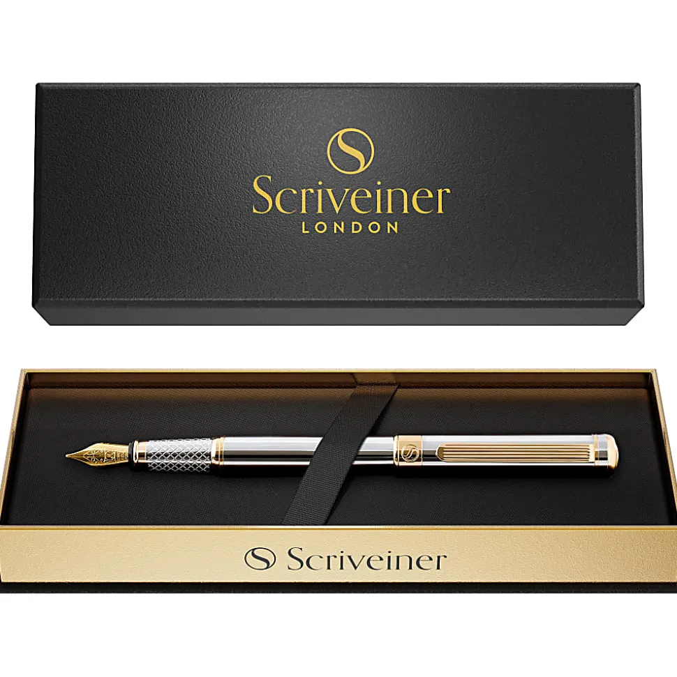 Scriveiner Classic Fountain Pen, Medium Point, 0.7 mm, Silver Chrome/Gold Barrel, Black/Blue Ink