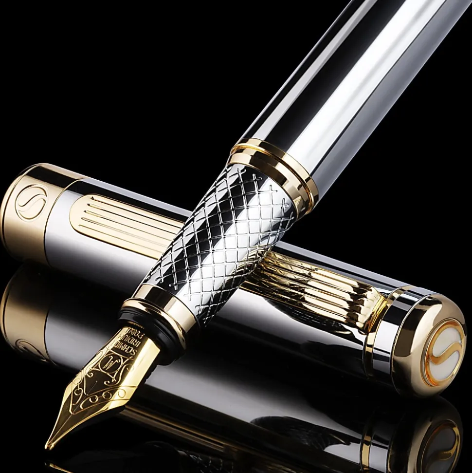 Scriveiner Classic Fountain Pen, Medium Point, 0.7 mm, Silver Chrome/Gold Barrel, Black/Blue Ink