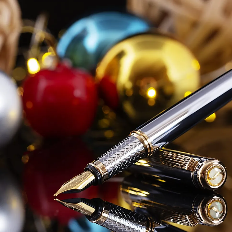 Scriveiner Classic Fountain Pen, Medium Point, 0.7 mm, Silver Chrome/Gold Barrel, Black/Blue Ink
