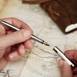 Scriveiner Classic Fountain Pen, Medium Point, 0.7 mm, Silver Chrome/Gold Barrel, Black/Blue Ink