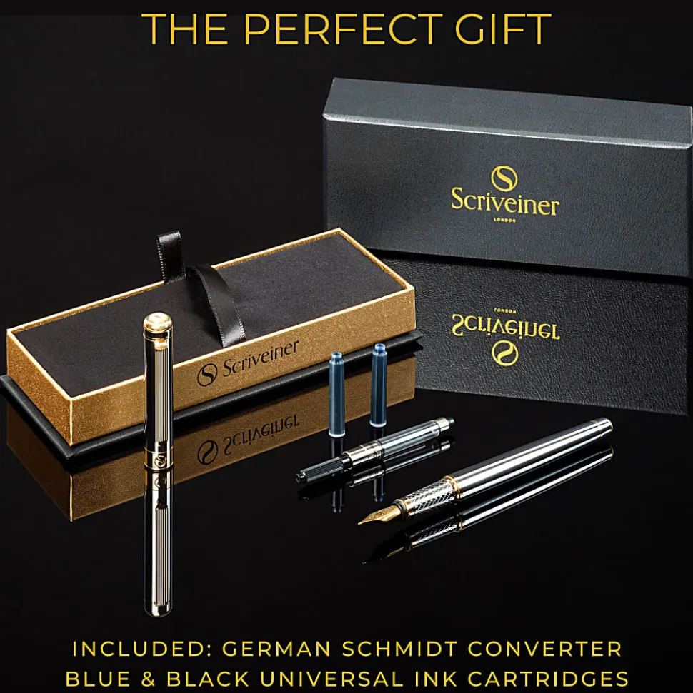 Scriveiner Classic Fountain Pen, Medium Point, 0.7 mm, Silver Chrome/Gold Barrel, Black/Blue Ink