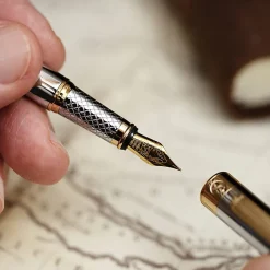 Scriveiner Classic Fountain Pen, Medium Point, 0.7 mm, Silver Chrome/Gold Barrel, Black/Blue Ink