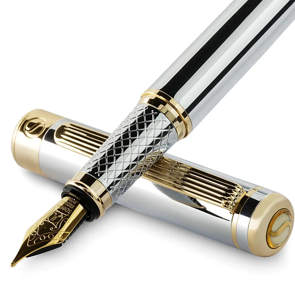 Scriveiner Classic Fountain Pen, Medium Point, 0.7 mm, Silver Chrome/Gold Barrel, Black/Blue Ink