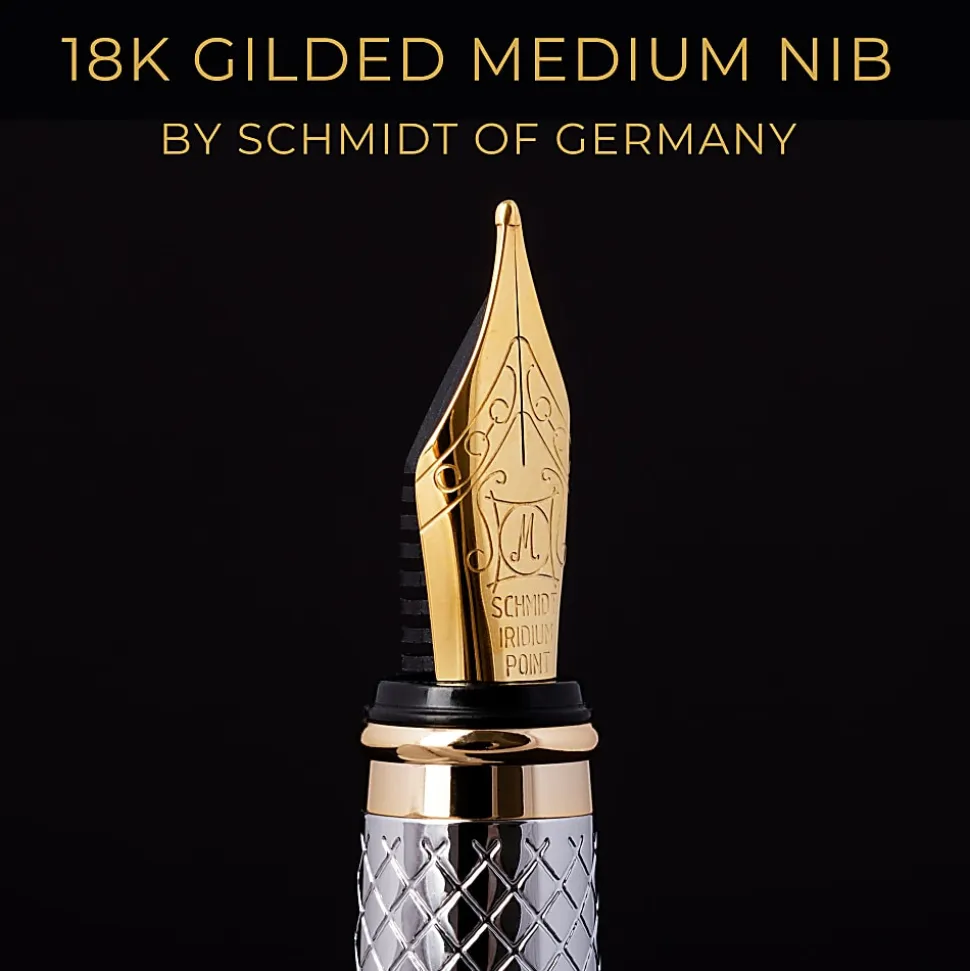 Scriveiner Classic Fountain Pen, Medium Point, 0.7 mm, Silver Chrome/Gold Barrel, Black/Blue Ink