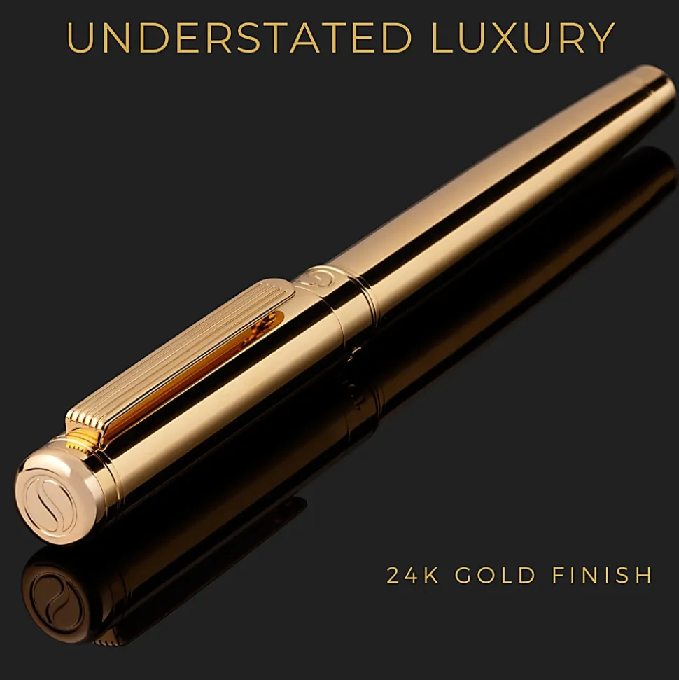 Scriveiner Classic Fountain Pen, Medium Point, 0.7 mm, Gold Barrel, Black/Blue Ink