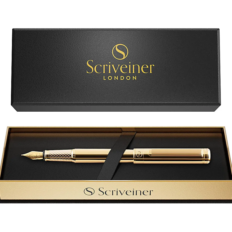 Scriveiner Classic Fountain Pen, Medium Point, 0.7 mm, Gold Barrel, Black/Blue Ink